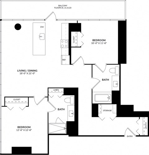 Floor plan for 2 beds, 2 baths, 1140 sqft
